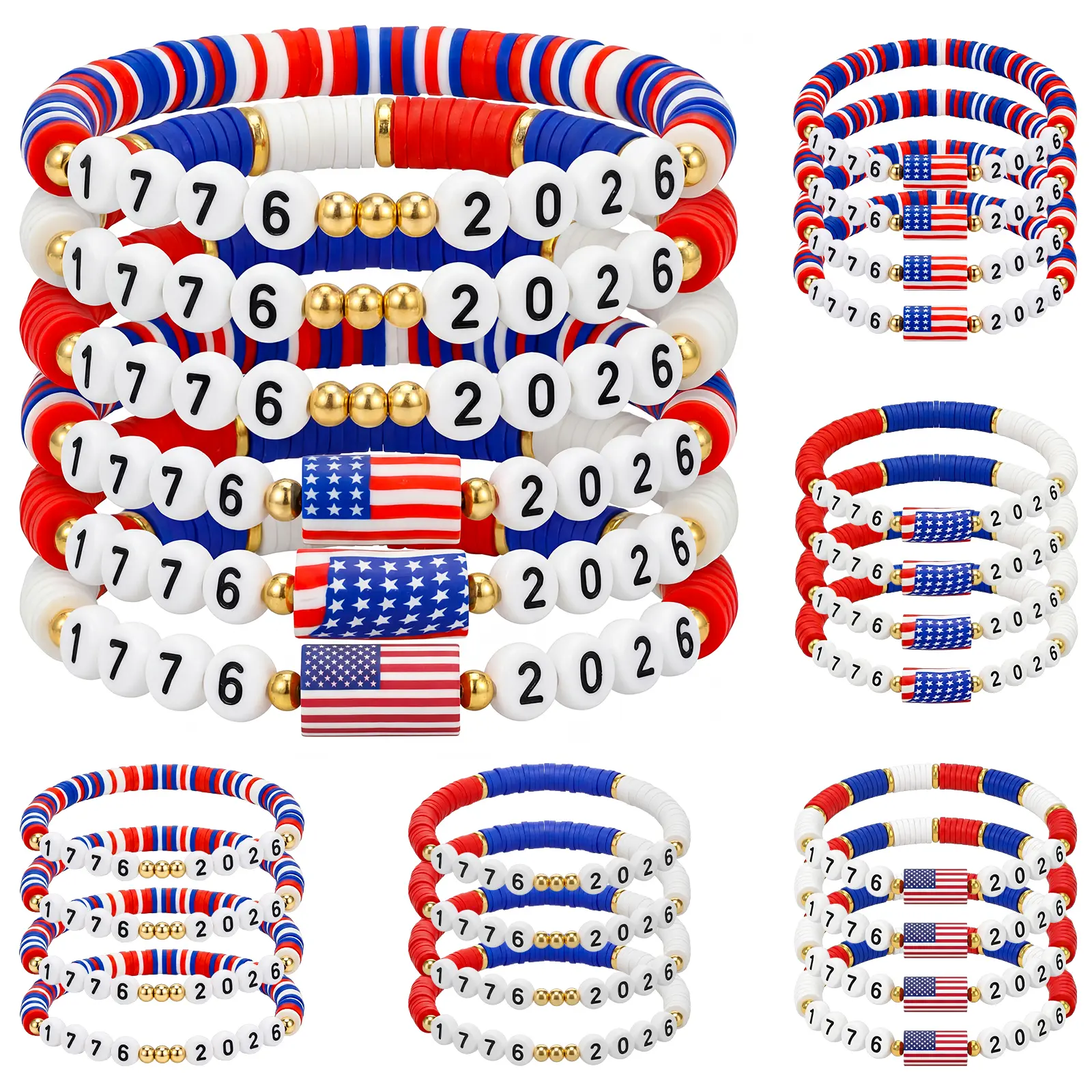 24/48 Pcs USA 250th Anniversary Flag Bracelet National Flag Independence Day Accessaries 4th of July Wristband for Women Men Teens Bulk Red White and Blue Patriotic Gifts for 4th of July American Summer Party Favors Event Parade Historical Celebration