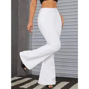 Elegant High-Waisted White Stretch Flare Jeans for Women - Slim-Fit Bell Bottoms with Slash Pockets, Washed Denim Finish & Button Closure, All-Season Casual to Semi-Formal Pants, Bell Bottom Jeans, Versatile Clothing, Stylish Silhouette, Comfortable Wear