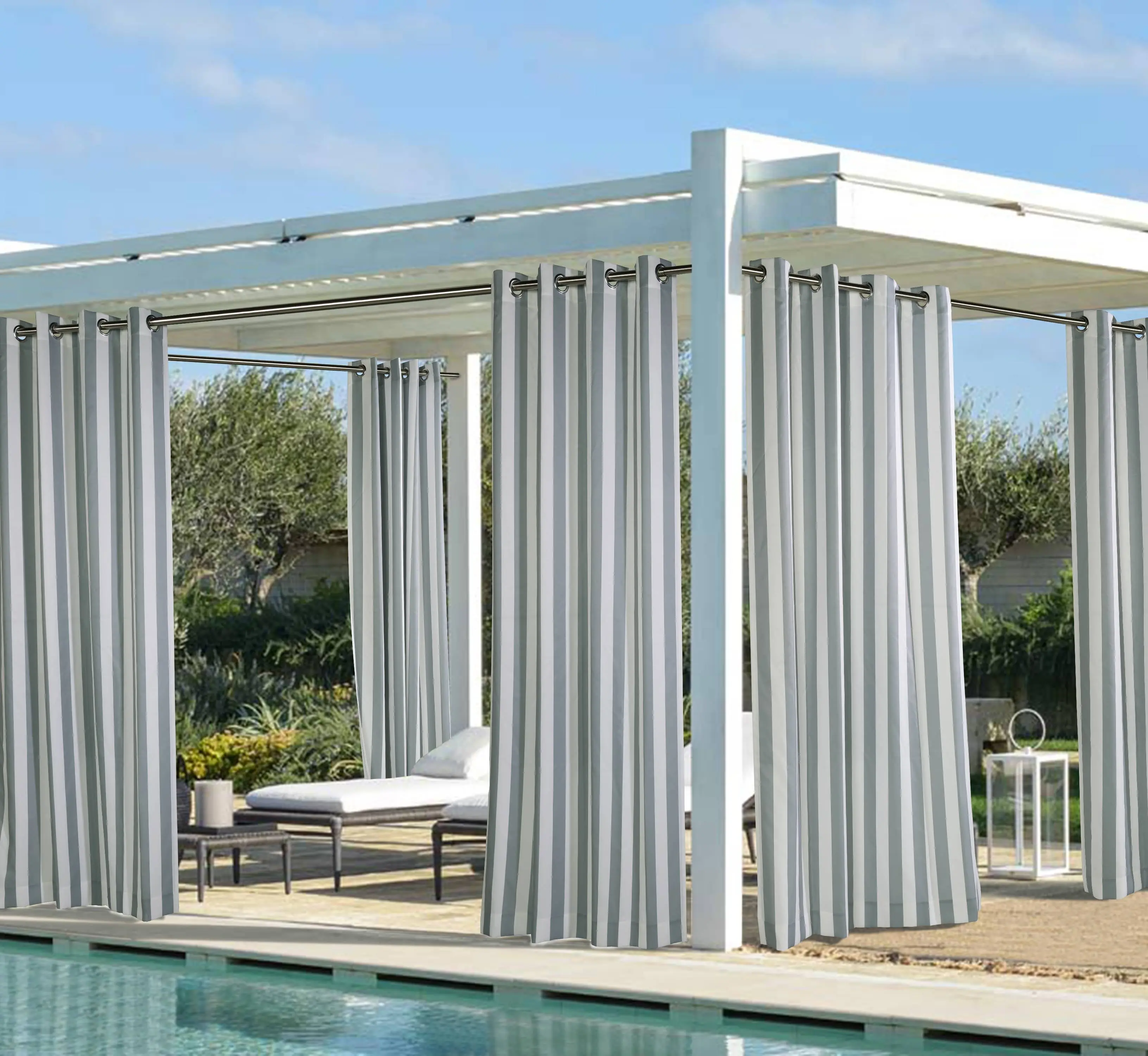 Commonwealth 71430-109-50-84-475 50 x 84 in. Coastal Stripe Light Filtering Grommet Outdoor Curtain Panel, Alloy Grey