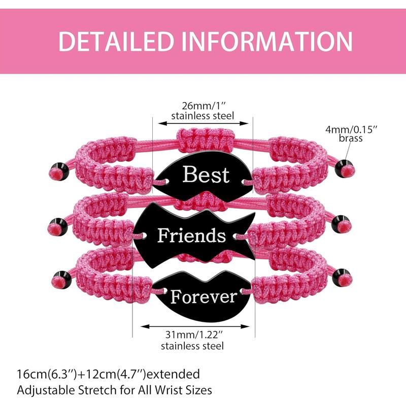 3pcs Personalized Friendship Bracelets Set | Stainless Steel Heart Puzzle Charm Handwoven Adjustable Drawstring Bracelets | Laser Engraved Best Friends Forever Jewelry Gift