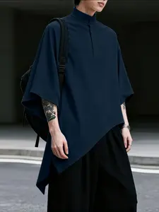 INCERUN Men's Solid Color Asymmetric Hem Half Open Front Stand Collar Three-Quarter Sleeve Shirt, Perfect for Daily Wear, Casual Style, Menswear Tops