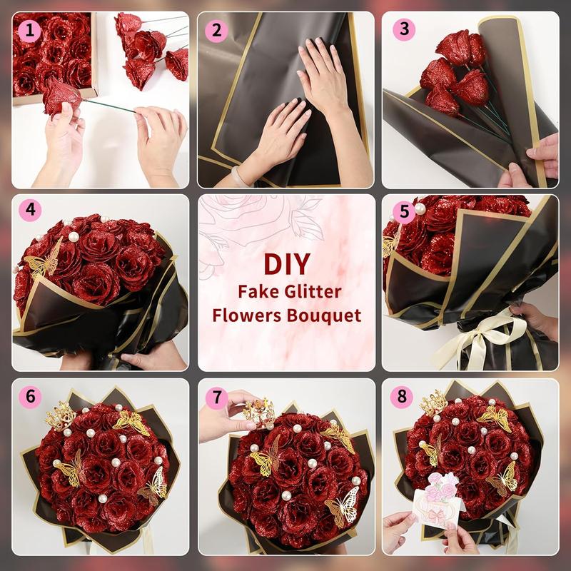 Pink Glitter Roses Bouquet, DIY  Glitter  Bouquet for Valentine, Mother's Day, 24 Roses