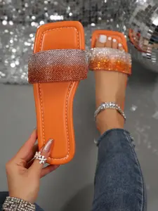 Women's New Trendy Square Toe Rhinestone Slippers, Summer Outdoor Fashion Elegant Fashionable Sandals Gradient Diamond One-Legged Sandals, Stylish and Comfortable
