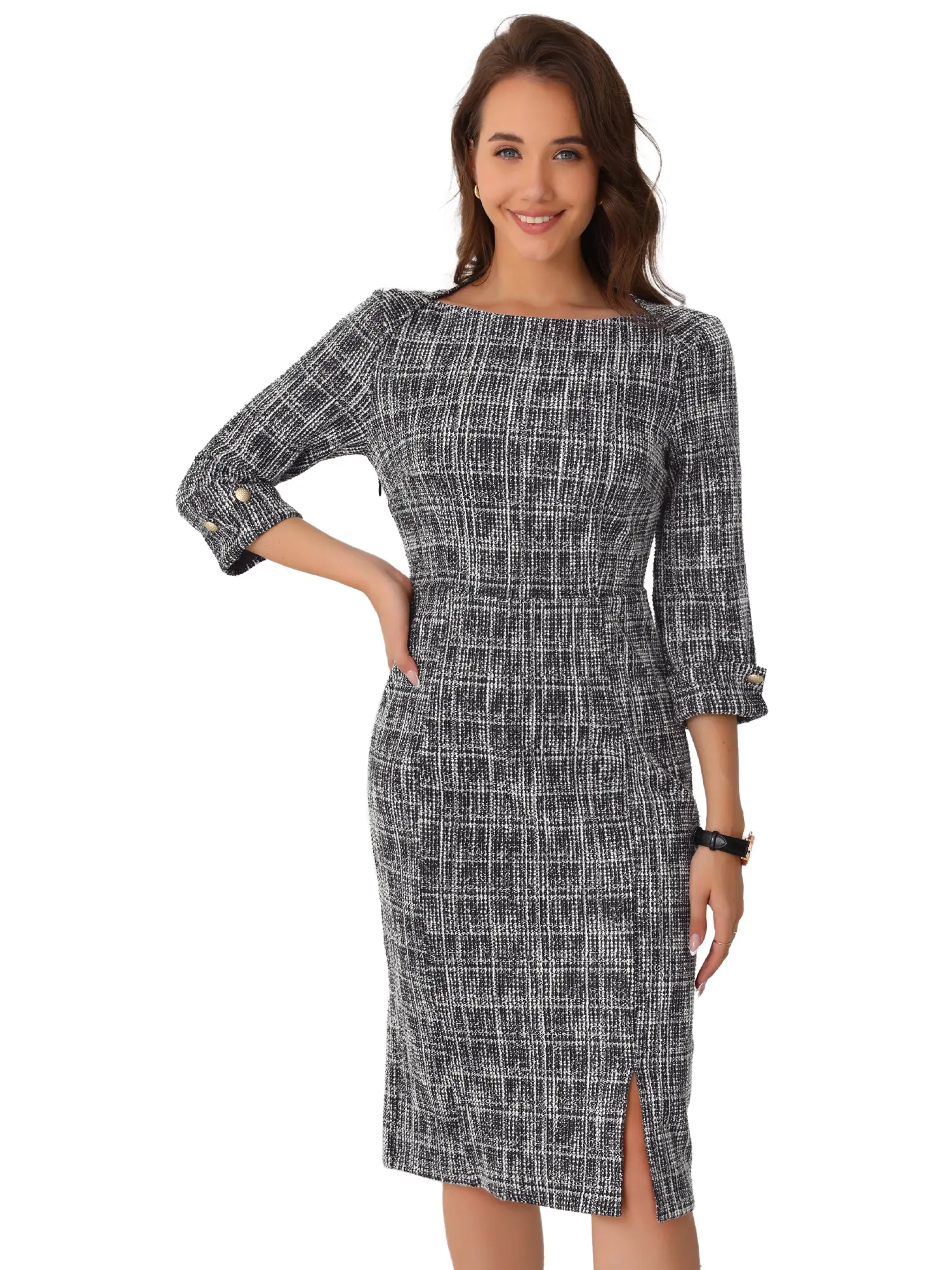 INSPIRE CHIC Women's Elegant Boat Neck 3/4 Sleeve Work Tweed Dress