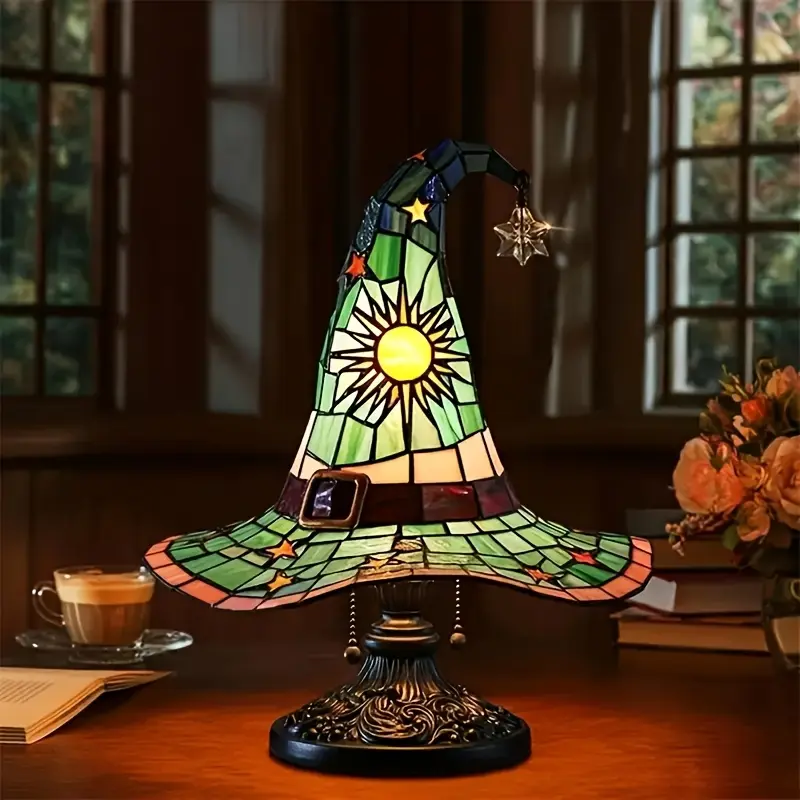 Halloween Witch Hat Stained Glass Table Lamp - Vintage Spooky Season Decor, Glowing Celestial Night Light for Bedroom, Living Room & Home Party Gifts