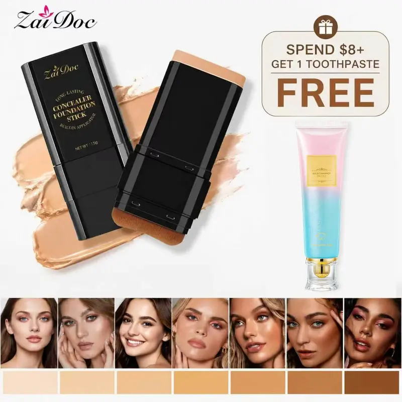 Luminous Dual-Ended Concealer Foundation Stick with Built-in Brushes 24H Long-Lasting Waterproof Sweatproof One-Swipe Even Flawless Base Clear Radiant Skin Foundation Stick