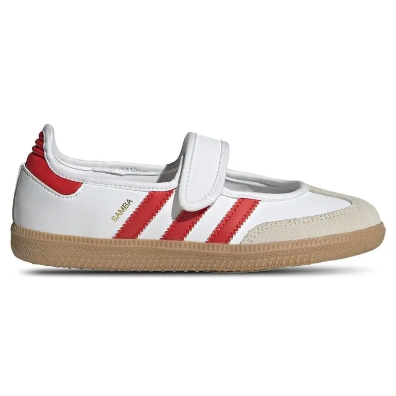 adidas Samba Jane White Red Gum (GS) Kids Lifestyle Sneakers Classic Leather Mary Jane Shoes Hook-and-Loop Closure Gum Rubber Outsole Comfortable Everyday Casual Fashion Footwear Iconic Low-Top Athletic Shoes for Girls and Youth
