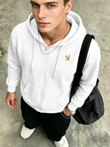 Men's Eagle Logo Zipper Hoodie, Casual Fashion Graphic Print, Long Sleeve Fleece Sweatshirt, Unisex Fall & Winter Street Style Clothing