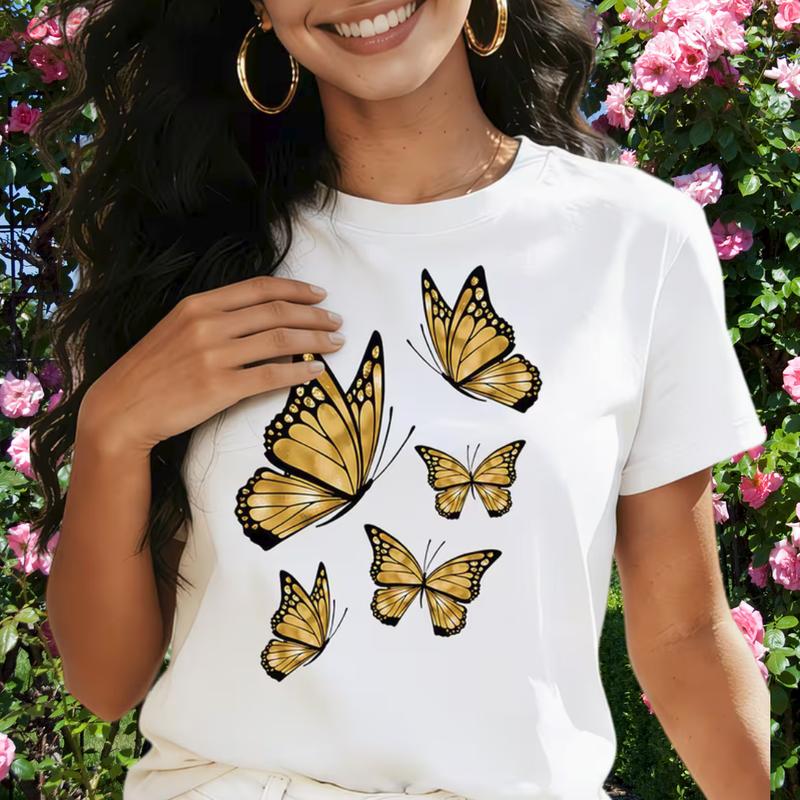 Women's Fitted Pure Cotton Dynamic Butterfly Print T-Shirt - Short Sleeves, Cap Sleeves, Crew Neck, Lightweight, Minimalist, Streetwear, Vintage, Backless, Classic, Stylish Look, Casual Outdoor Christmas All-Season Valentines Day Womenswear Top