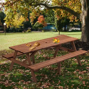 8 Person Brown Wooden Picnic Table, Outdoor Camping Dining Table with 2 Seats, Garden, DIY with 2 Built-in Benches, 2220lb Capacity