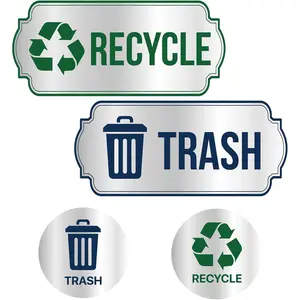 Trash and Recycle Stickers 4-Piece Set - Sorting Sign for Indoor, Outdoor Use - Waterproof Silver Finished Self-Adhesive Labels for Trash Can