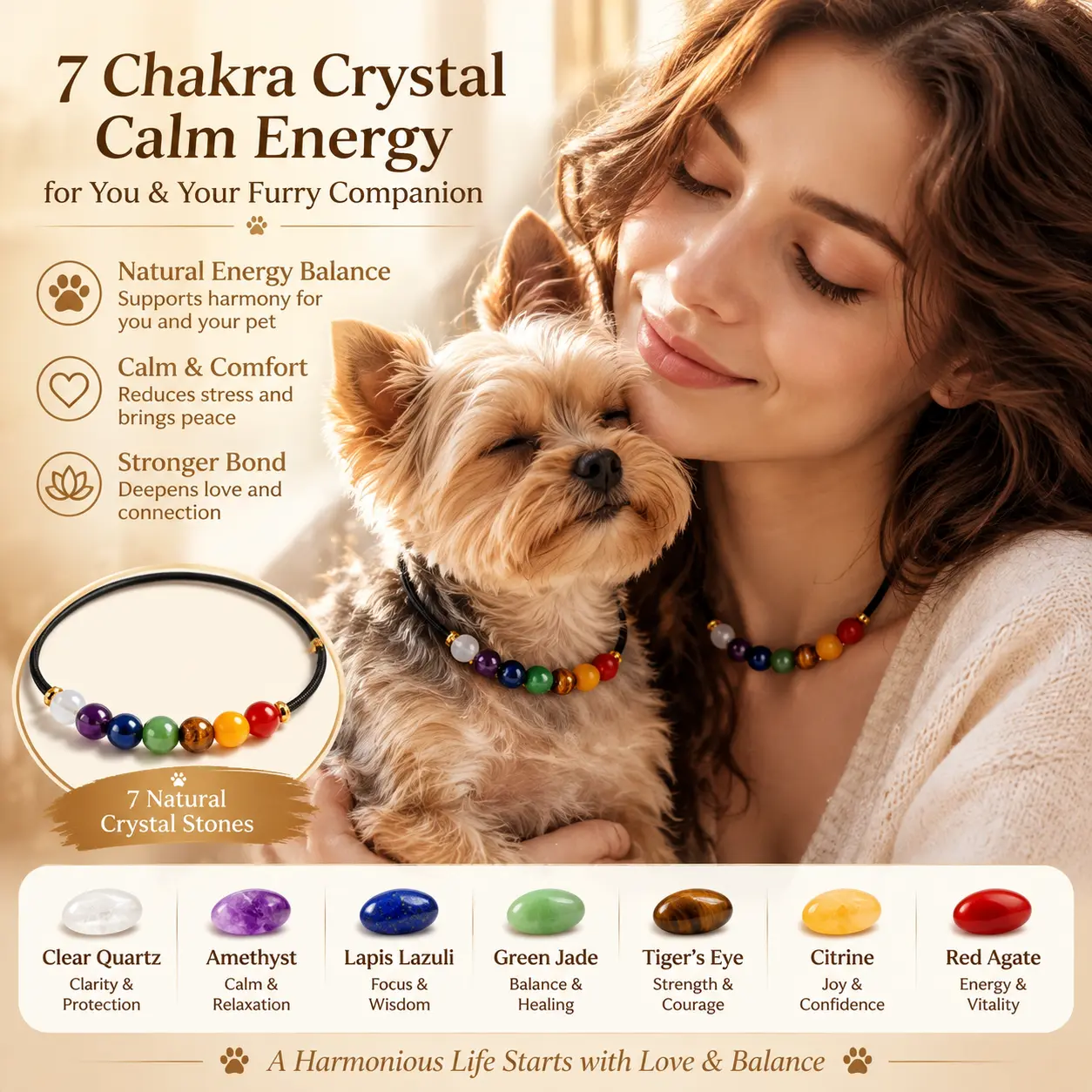 7 Chakra Natural Crystal Leather Cord Adjustable Necklace & Pet Collar Set, Energy-Balancing Stone for Calm & Alignment, Unisex 44cm-75cm Daily Wear Meditation Accessory