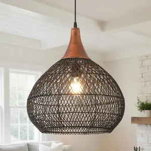 Black Rattan Pendant Light, 15.7" Hand-Woven Wicker Basket Chandelier with Solid Wood for Dining Room Kitchen Island Living Room