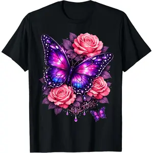 Beautiful Butterfly Purple Rose Butterfly Lovers Gifts Women T-Shirt
