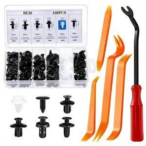 100-Piece Car Door Panel Clip Set with 4 Trim Removal Pry Bars & Clip Remover Tool, Universal Nylon Push Pin Retainers, Bumper Clips & Plastic Rivets for Interior Trim, Door Panels, Mudguards & Dashboard Repair, Fits Most Vehicles