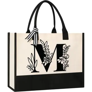 Personalized Initial Canvas Tote Bag (M), Suitable for Birthday Wedding Beach Holiday, Perfect Gifts for Women Mom Teachers Nurses Best Friends Bridesmaids