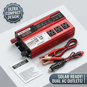 5000W Peak 12V DC to 110V AC inverter with 3 AC outlets, dual 2.4A USB ports, LED voltage display, car plug and battery clamps. Stable and portable, great for RV, camping, road trips and emergency backup power.