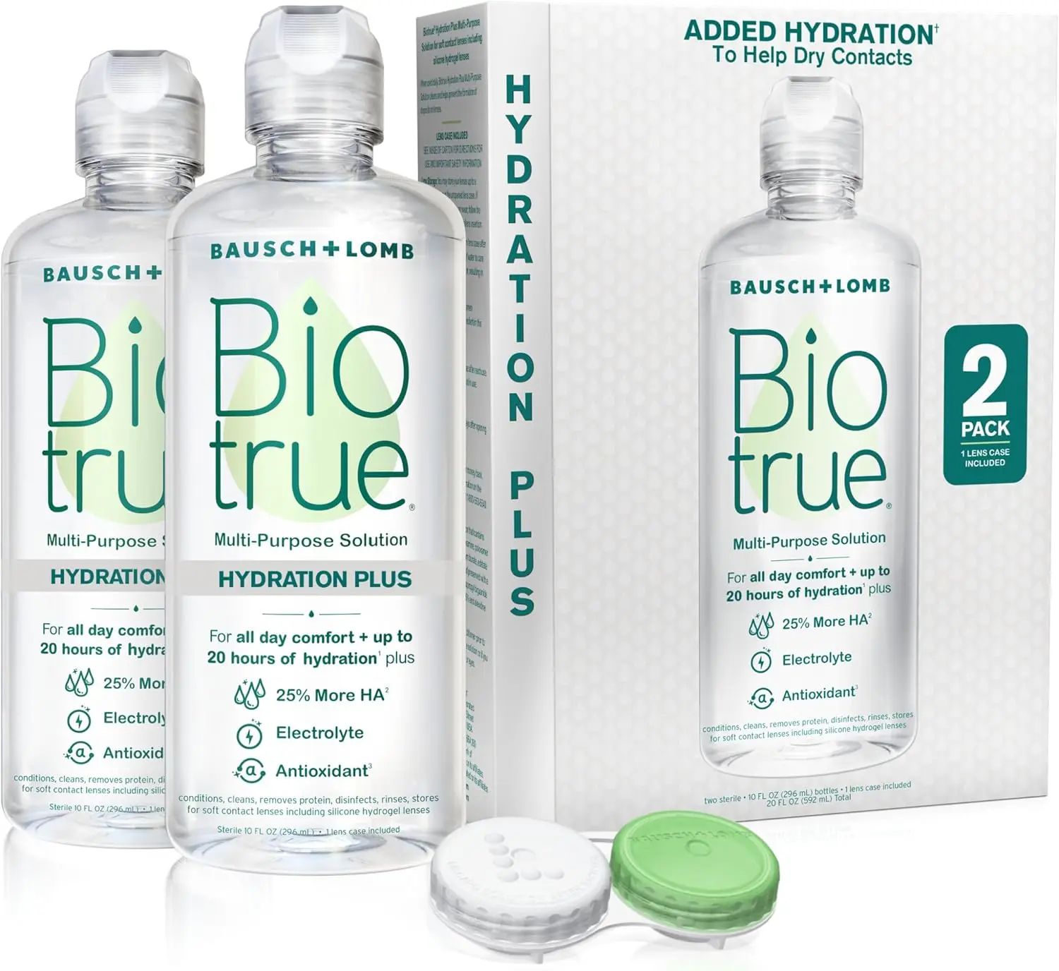 Biotrue Hydration Plus Contact Lens Solution with Lens Case, Multi-Purpose Solution for Soft Lenses, Hydrates with Hyaluronan, Cleans, Clears, and Disinfects for All-Day Comfort, 10 Fl Oz (Pack of 2) Makeup