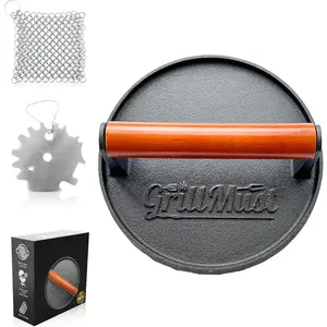 Grill Burger Press  Bacon Press Set: 7? Meat Press Cast Iron for Perfectly Griddle Seared Bacon | Burger Press Cast Iron Set Includes Grill Scraper &  | Ideal  for Men.