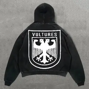 Vintage Vultures Print Graphic Acid Washed Pullover Unisex Casual Oversized Cool Pullover Hoodies Wash Plush Heavyweight Trendy Hooded Sweatshirt Cotton Big and Tall Hoodies for Couple Streetwear sweaters College Winter Autumn