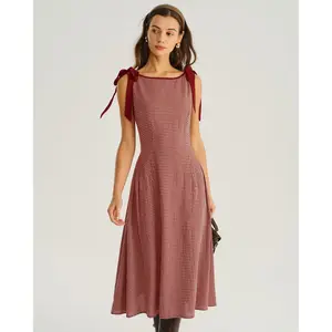 Red Gingham Tie Strap A-Line Midi Dress