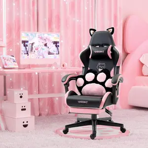 Black Cute Gaming Chair with Cat Ears, Ergonomic Computer Game Chair for Girl, PC Video Gamer Chair with Paw Lumbar Cushion, Footrest and Headrest, Comfortable Reclining Office Chair (Black,Pink)