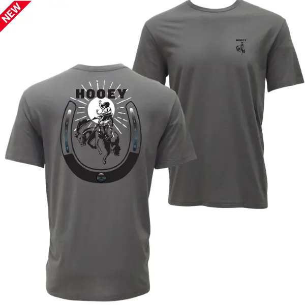 Hooey Horseshoe Rodeo T-Shirt, Bucking Cowboy Inside Lucky Horseshoe with Sunburst Background, Western Back Print, Casual Graphic Tee for Men Women