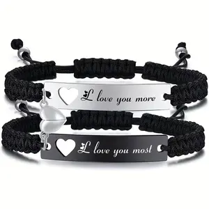 Love You More Woven Heart Magnetic Couple Bracelet Set Adjustable Daily Wear Jewelry Gift for Him Her