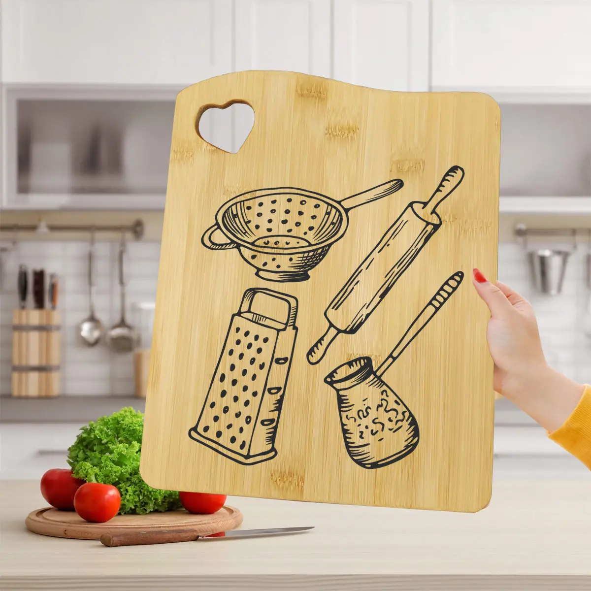 1 PC Kitchen Cutting Board, Pot, Rolling Pin Pattern Cutting Board, Funny Bamboo Cutting Board, Love Handheld, Kitchen Utensils Kitchen Accessories