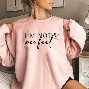 Women's "I Am Not Perfect" Letter & Heart Print Sweatshirt - Casual Long-Sleeve Round Neck Pullover, Fall & Winter Daily Wear Ladies Top