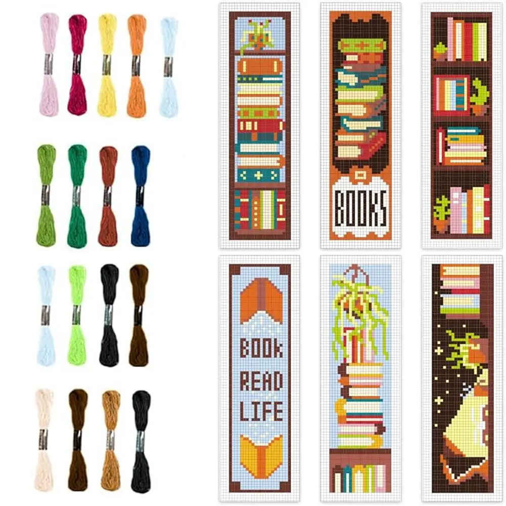 Book Themed Cross Stitch Kit, 6pcs/set DIY Bookmark Cross Stitch Kit, DIY Handmade Bookmark Kit for Beginners, Cross Stitch Supplies, Embroidery Thread, Handicraft