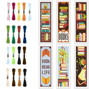 Book Themed Cross Stitch Kit, 6pcs/set DIY Bookmark Cross Stitch Kit, DIY Handmade Bookmark Kit for Beginners, Cross Stitch Supplies, Embroidery Thread