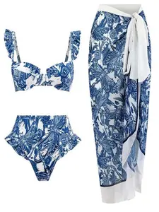 Women's Floral & Dragonfly Print Bikini Set, Boho Ruffle Sweetheart Neck Swim Top & Swim Bottom & Tie Front Asymmetrical Cover Up, Summer Swimwear Ruffle Bathing Suit, Valentine's Day, gift, Floral Print Bikinis, High Waisted Swimwear, Summer Beach Bikini
