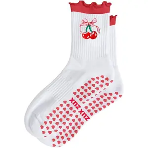 Women Cute Pilates Socks Grip Crew Yoga Socks Ruffle Cuff Embroidery Pattern Workout Ballet Socks