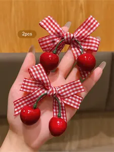 2pcs Cute Cherry Bow Hair Clips, Sweet Style Hair Accessories Suitable For Daily Use, Affordable Hair Decor