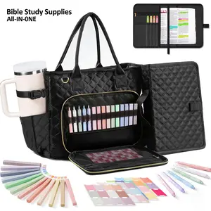 TAYTUU Women's Christian Bible Shoulder Tote with Padded Interior, Quilted Fabric, Secure Zip, Waterproof Cover Case, Adjustable Strap, Bible Study Supplies (12 Watercolor Pens, 6 Ballpoint Pens, 48 Stickers, Journaling Kit) - Church Gift
