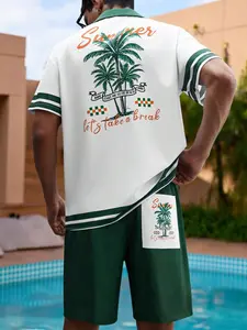 Two-Piece Set Men's Regular Fit Tropical Palm Tree Print Short Sleeve Polo Shirt & Shorts, Casual Fashion Cozy Breathable Men Two-piece Outfits for Summer Beach Vacation