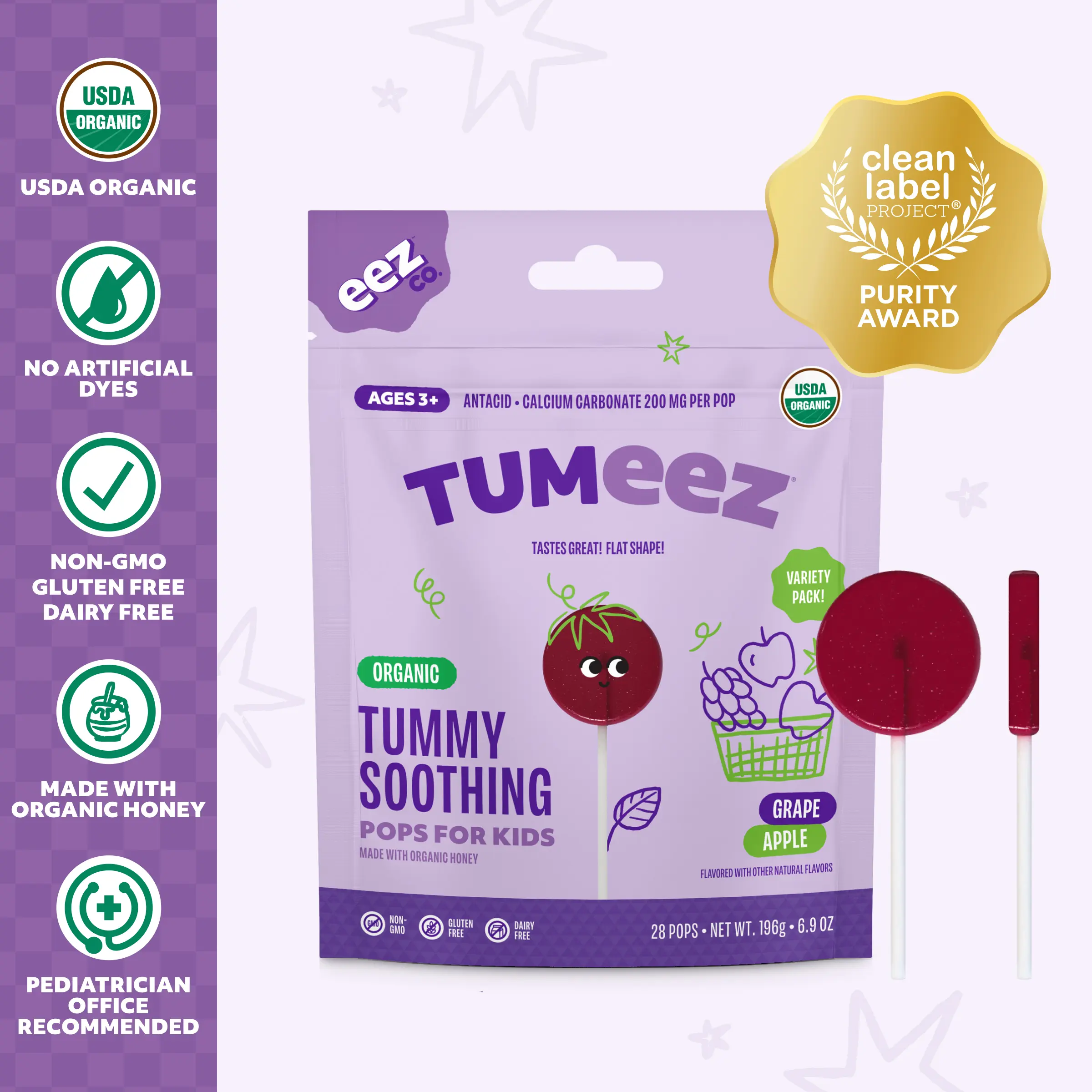 Tumeez by EEZ Co. Organic Tummy Soothing Pops for Kids, Variety Pack, 28ct