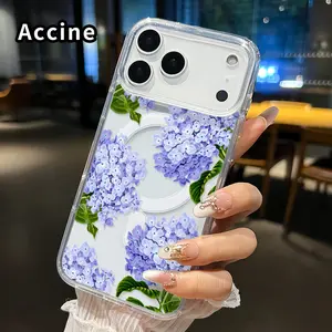 Magnetic Soft Case for iPhone 17 16  Pro Max Plus 15 14 13 12 11 Air E Lavender Hydrangea Grace Pattern Anti-Yellowing Shockproof ultra-thin Silicone Crystal Transparent Acrylic Large Hole Cover Supports Wireless Charging