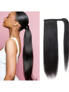 Straight Ponytail Extension Human Hair Extensions Wrap Around Magic Paste Ponytail Clip In Real Brazilian Virgin Human Hair pieces For Women Natural Color Hair Weft