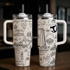 O.Tree Aesthetic Doodle Tumbler No Handle 20oz And With Handle 40oz, Insulated Travel Mug With Straw, Black & White Cup Gift