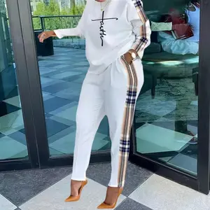 Women's Stylish Spring/Fall Two-Piece Outfits- "Faith" Letter Print Long Sleeve Sweatshirt& Pants, Plaid Patchwork Casual Sweatsuit with Side Plaid Patchwork, Pullover Blouse Top & Jogger Pants, Perfect   Workout Sport,  Relaxed Fit Set, Stretchy Fabric