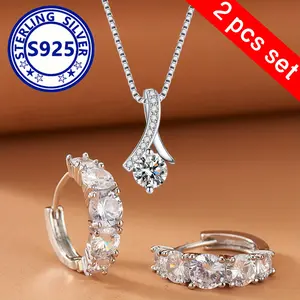 2pcs Elegant 925 Sterling Silver Jewelry Set, Synthetic Zirconia Pendant Necklace and Ring Earrings, Sexy Boho Style, Daily & Gift Occasion, All-Season, 2.6g - Ideal for Birthday, Christmas Gifts