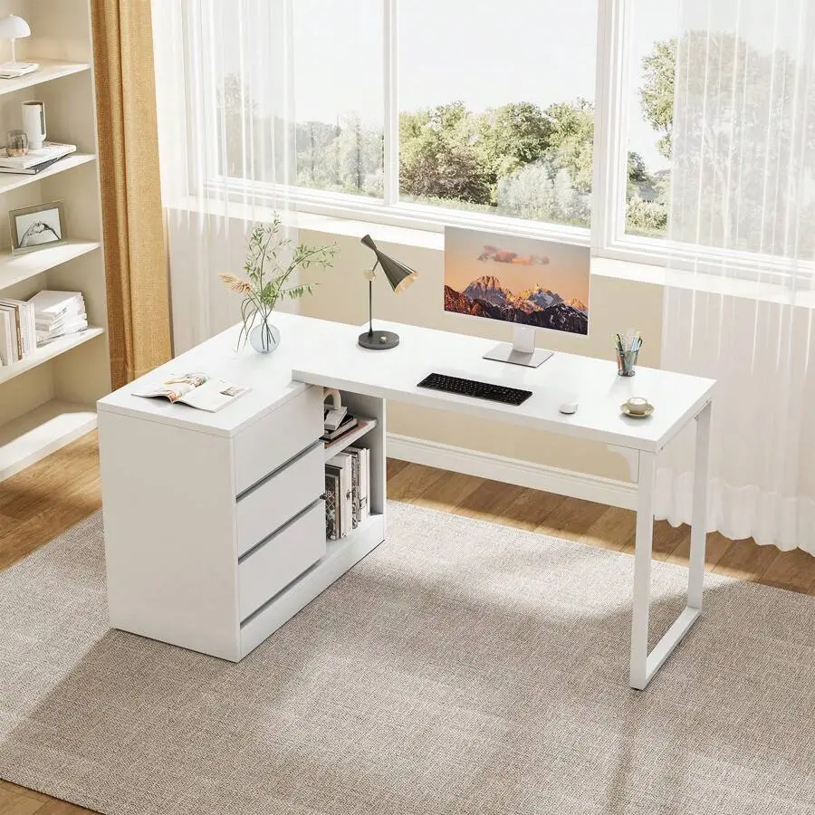 Tribesigns L-Shaped Computer Desk With Drawers And Shelves, Reversible White Corner Office Desk With Storage Cabinet, Modern Study Writing Table For Home Office, Bedroom