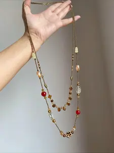 1pc Bohemian Vintage Double-Layer Ceramic Bead Necklace with Crystal Flower Pendant, Long Necklace for Women, Floral Jewelry for Vacation, Party, Retro Statement Necklace, Trendy Necklace, Lightweight Fashion Gift for Her