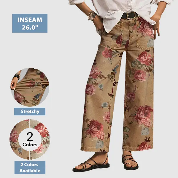 Flamingals Floral Print Patch Pocket High Rise Straight Leg Pants Without Belt Womenswear