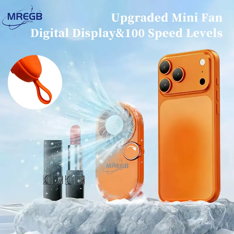 MREGB Upgraded Pocket-Size Multifunctional Cooling Fan - LCD Digital Display, 100 Adjustable Speeds, Turbo Airflow, Quiet Operation, Long Battery Life, Lanyard, Lipstick-Style USB Rechargeable Slim Small Handheld Ultra Portable Fan for Travel, Office, Ult