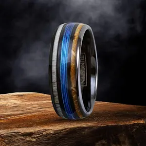 Personalized Black Tungsten Whiskey Barrel W/ Deer Antler Wedding Band, Men's Blue Fishing Line , statement ring , Anniversary Gifts for Him