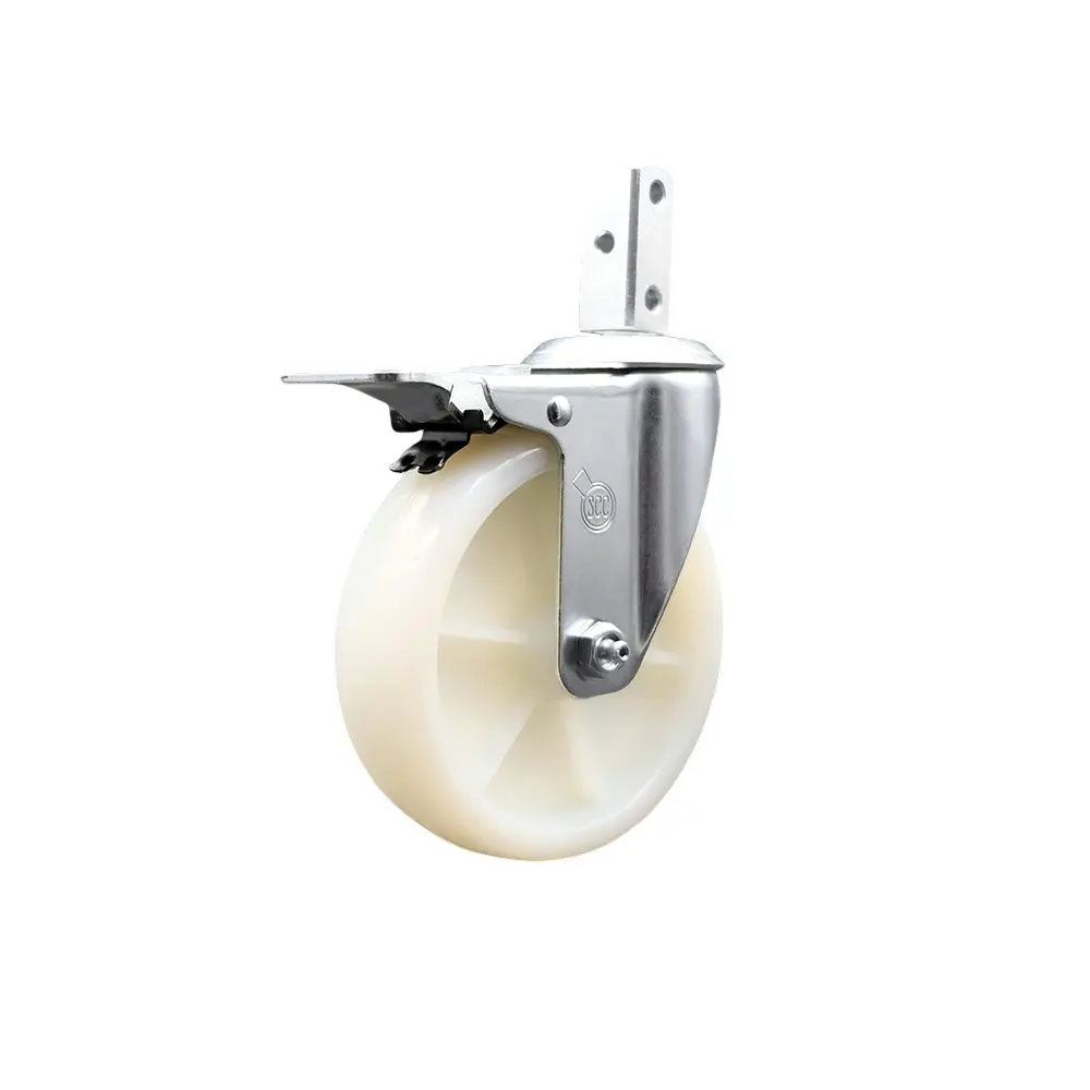 Service Caster SCC-SQTTL20S514-NYS-78 Swivel Square Stem Roller Stopper Castors, Bolted, 5x1.25 in White Nylon Wheel, 0.87x2 in Square Stem, 3x0.26 in Mounting Holes, Total Lock Brakes, 2.2 lbs, 300 lbs Load Capacity, Maintenance Free, Material Handling