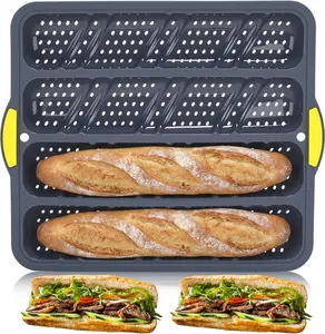 15" x 13" Large 4 Hole Non-stick Silicone Baguette Pan with Steel Frame, French Bread Loaf Baking Mold for Homemade Baking, Fridge Dishwasher Microwave Safe